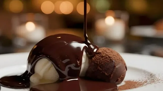 Warm chocolate lava cake with vanilla ice cream and a chocolate sauce pour